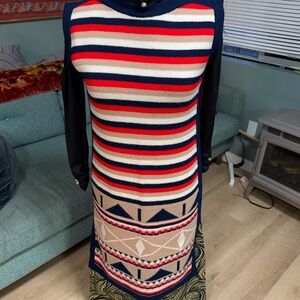 VTG St. Michael 60’s Striped Knit Midi Sleeveless Sweater Dress Red Navy Aztec